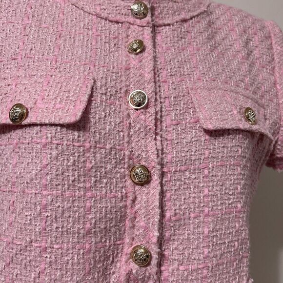 Textured Mini Dress Women’s Medium Pink A-line Buttons Fringe Frayed Faux - Picture 2 of 9